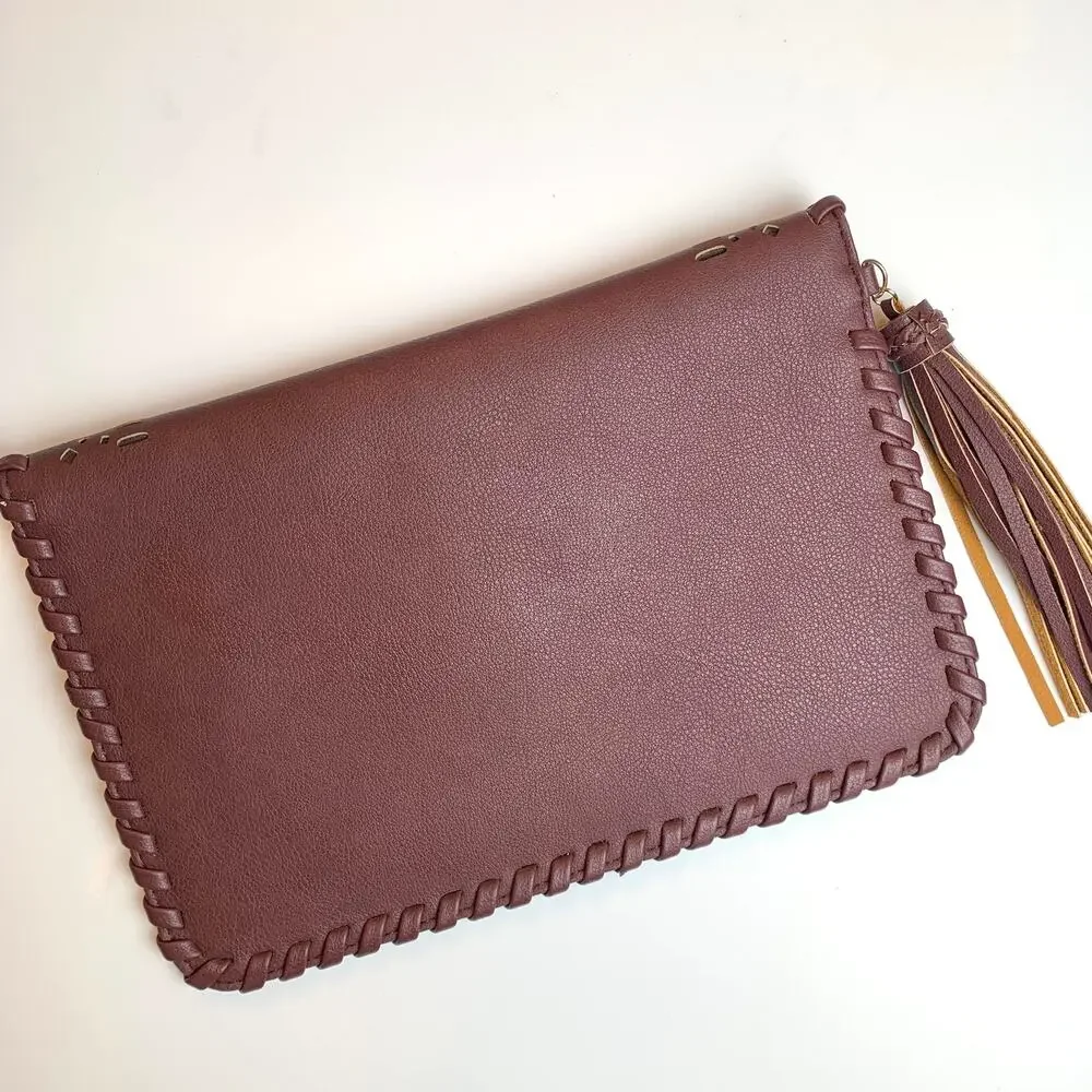 Jen & Co Vegan Leather Maroon Tassel Clutch